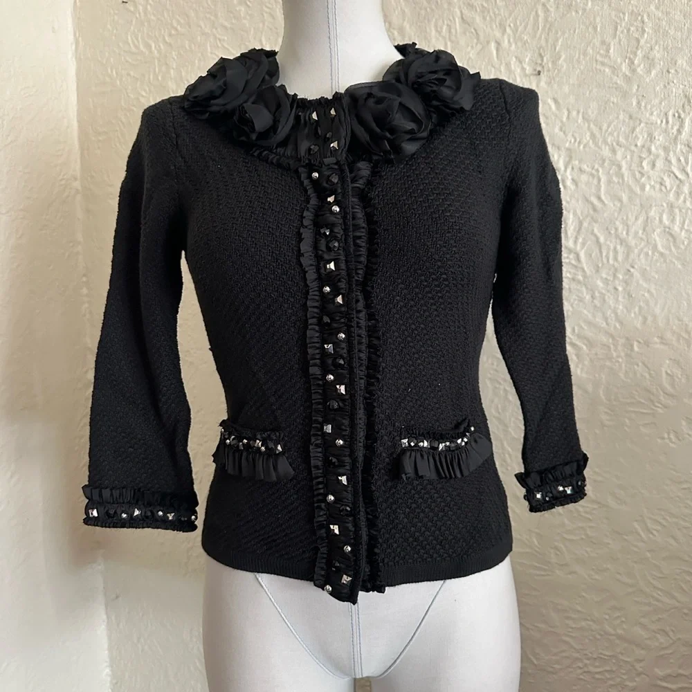 White House Black Market Knit Blazer Jacket Satin Ribbon Trim Flower Silver Stud